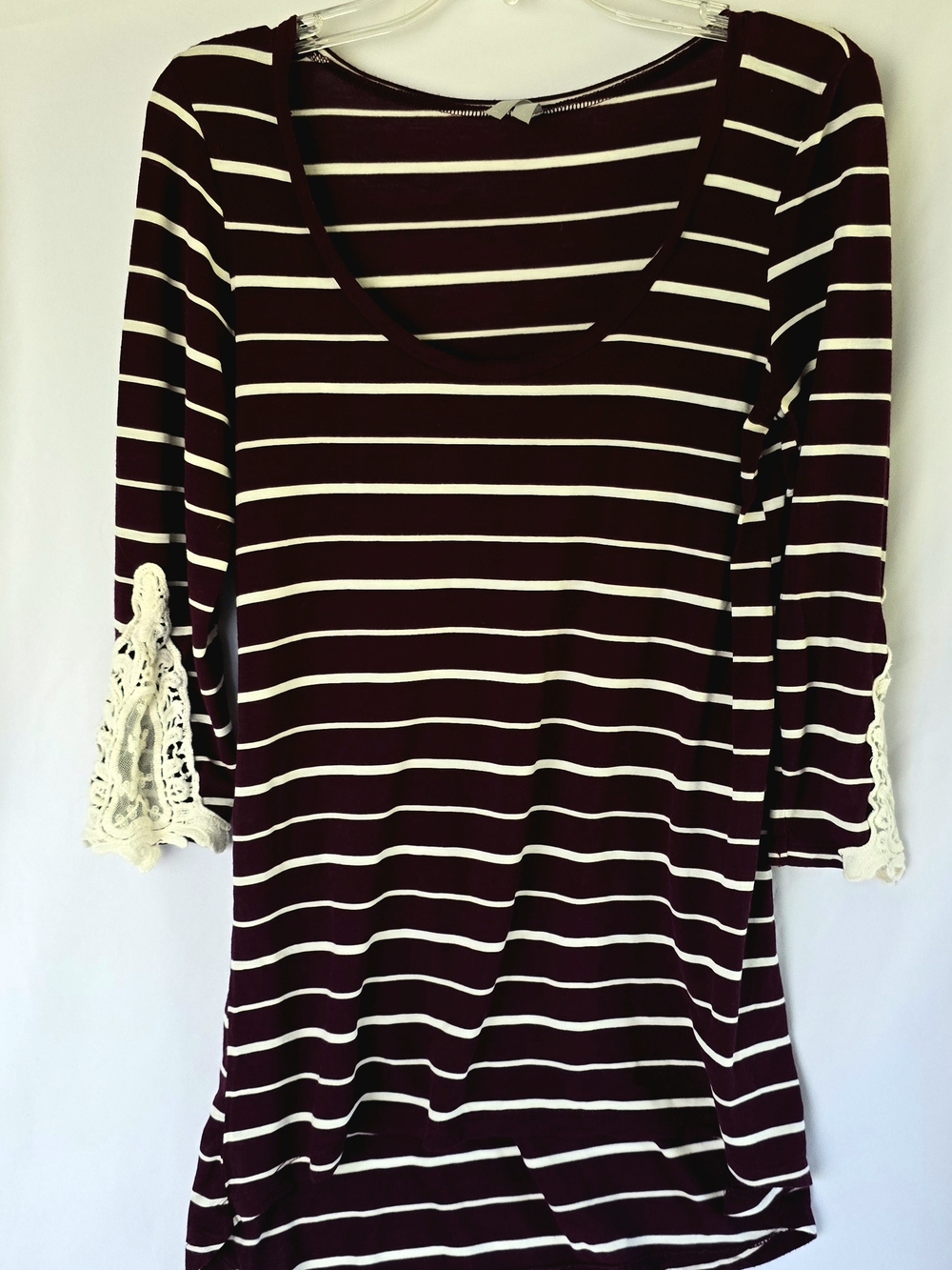 Vanity Burgundy and White Striped Scoop Neck Tunic with Crochet Sleeves